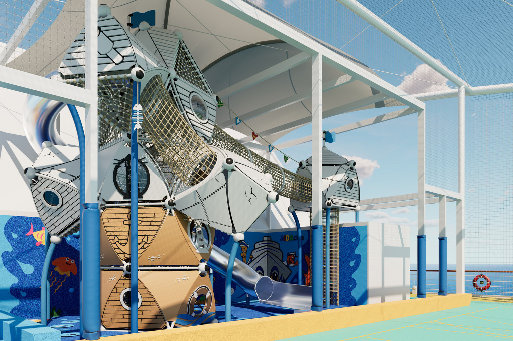 Kids Zone mit Wasserrutschen und Spielgeräten für Kinder an Deck