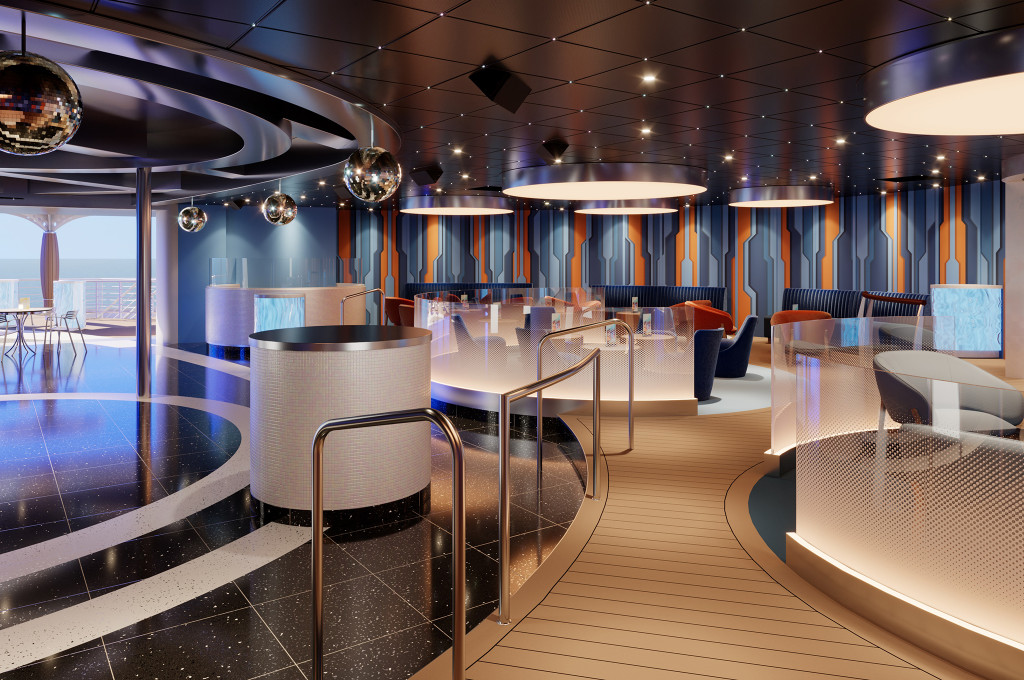 Ocean Bar mit futuristischem Design und goldenen Kronleuchtern
