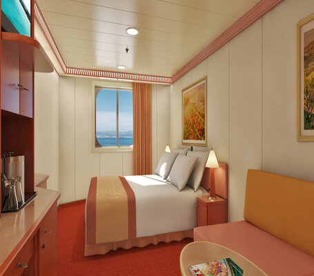 Elegante Außenkabine mit Meerblick und Doppelbett auf Kreuzfahrtschiff