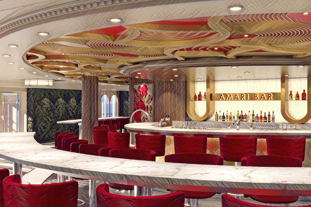 Amari Bar auf der Carnival Firenze mit roten Samtsesseln und ornamentalem Deckendesign.