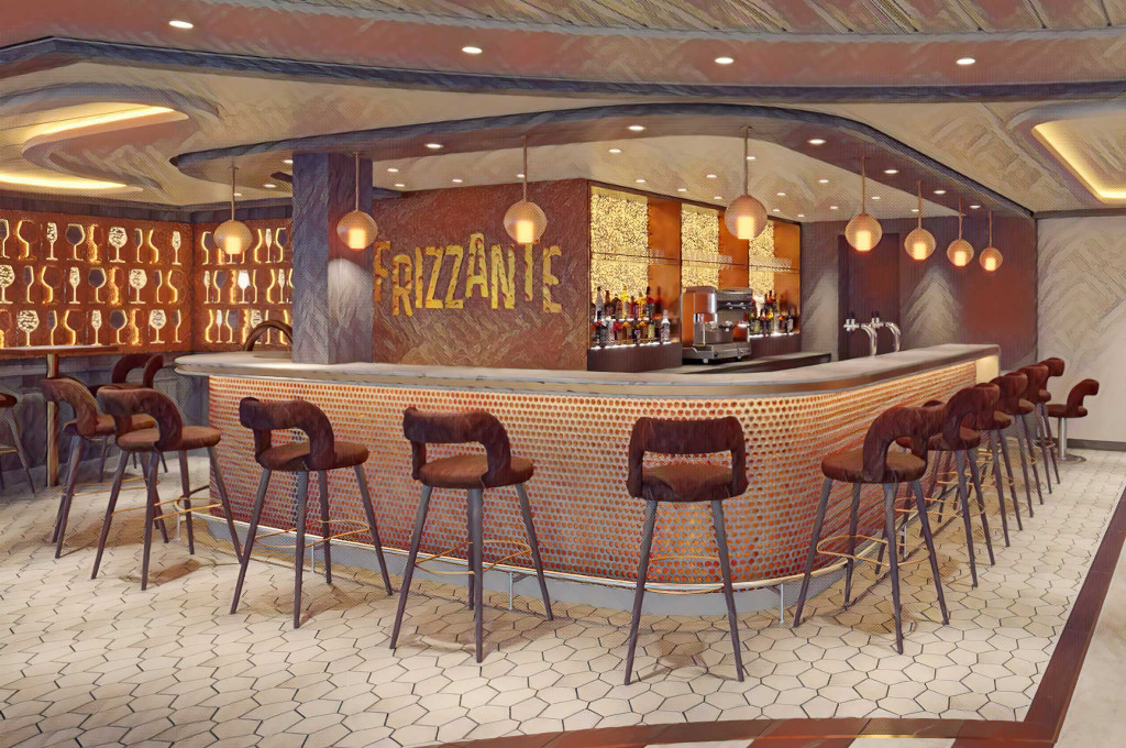 Frizzante Bar der Carnival Firenze mit modernem Bartresen und hängenden Leuchten.