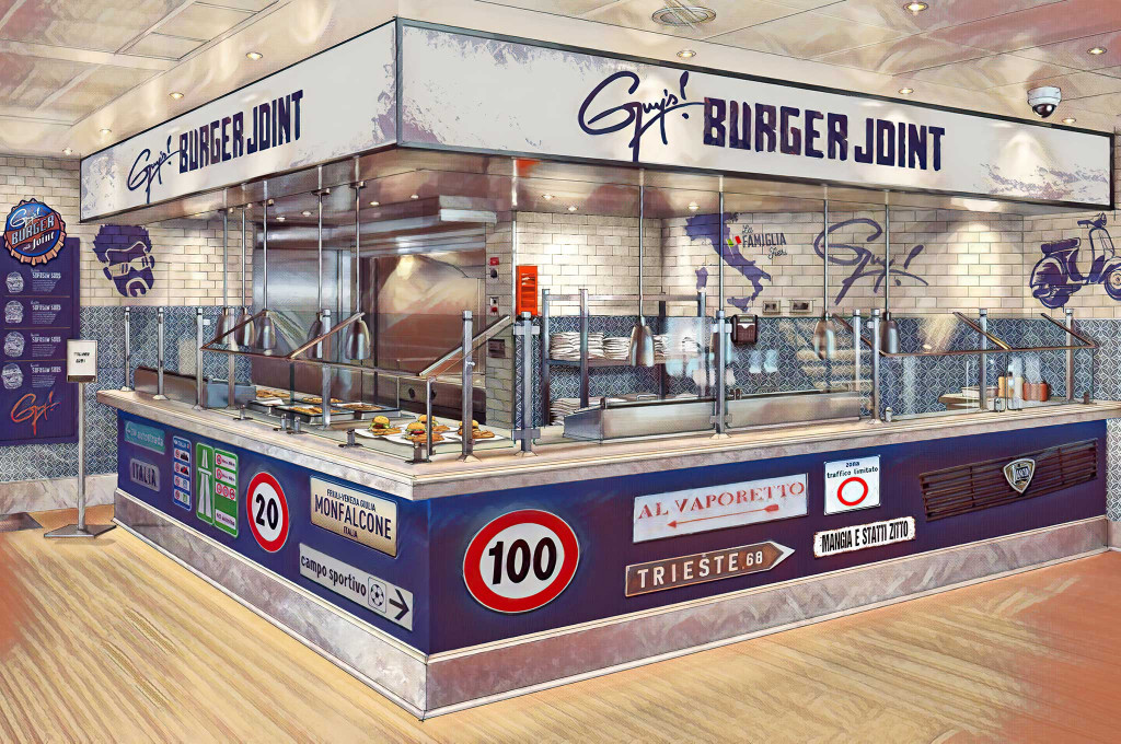 Guy's Burger Joint auf der Carnival Firenze mit modernem Fastfood-Restauranttresen.