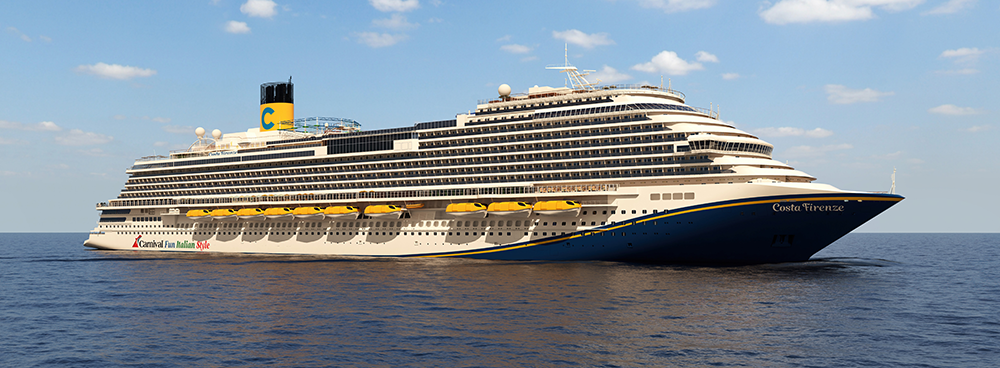 Die Carnival Firenze auf dem Meer mit modernem Kreuzfahrtschiff-Design und klassischer Eleganz.
