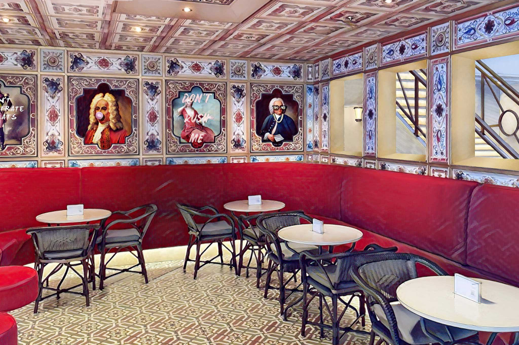 Rococo Lounge auf der Carnival Firenze mit roten Samtmöbeln und klassischen Porträts.