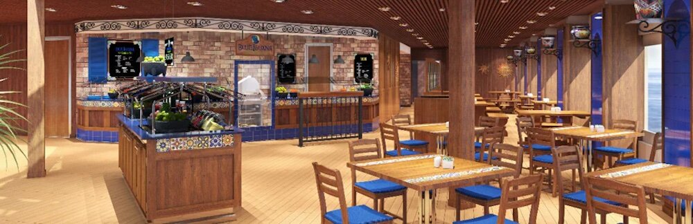 Blue Iguana Cantina auf der Carnival Radiance mit mexikanischer Theke, Holztischen und blau-weißen Akzenten.