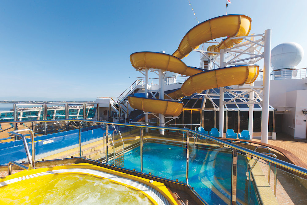 Sonnendeck mit gelben Wasserrutschen, Pool, Whirlpool und Liegebereich unter blauem Himmel
