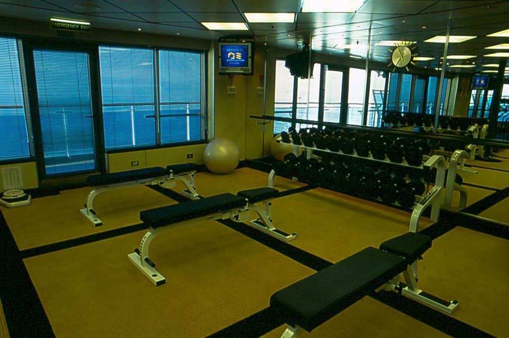 Modernes Fitnesscenter mit Hanteln und Trainingsgeräten mit Fensterblick auf der Island Princess.