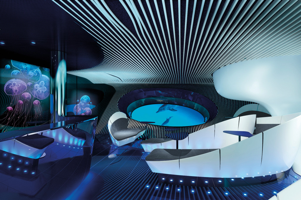 Blue Eye Unterwasserlounge mit ovaler Unterwasserprojektion und Quallen-Wandprojektion an Bord der Le Bellot.