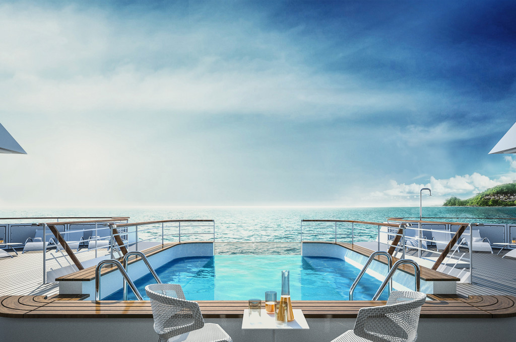 Infinity-Pool am Heck mit freiem Blick aufs Meer und Liegestühlen an Bord der Le Bellot.