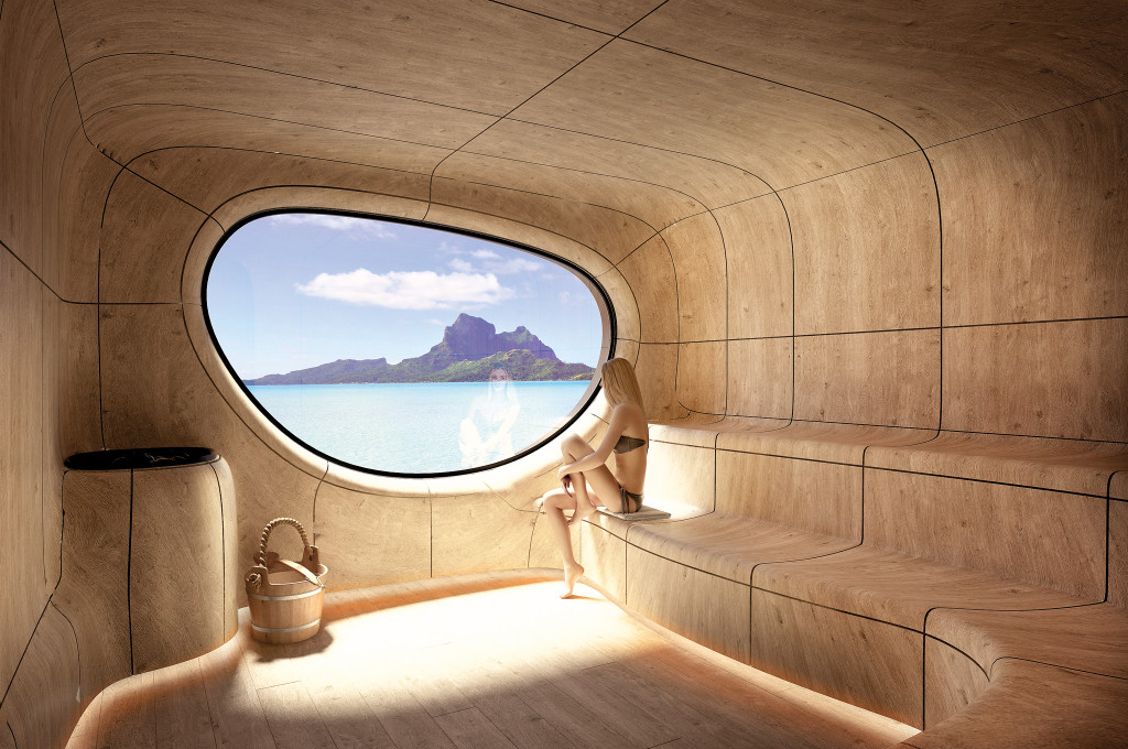 Sauna mit ovalem Panoramafenster und tropischem Meerblick an Bord eines Kreuzfahrtschiffes.