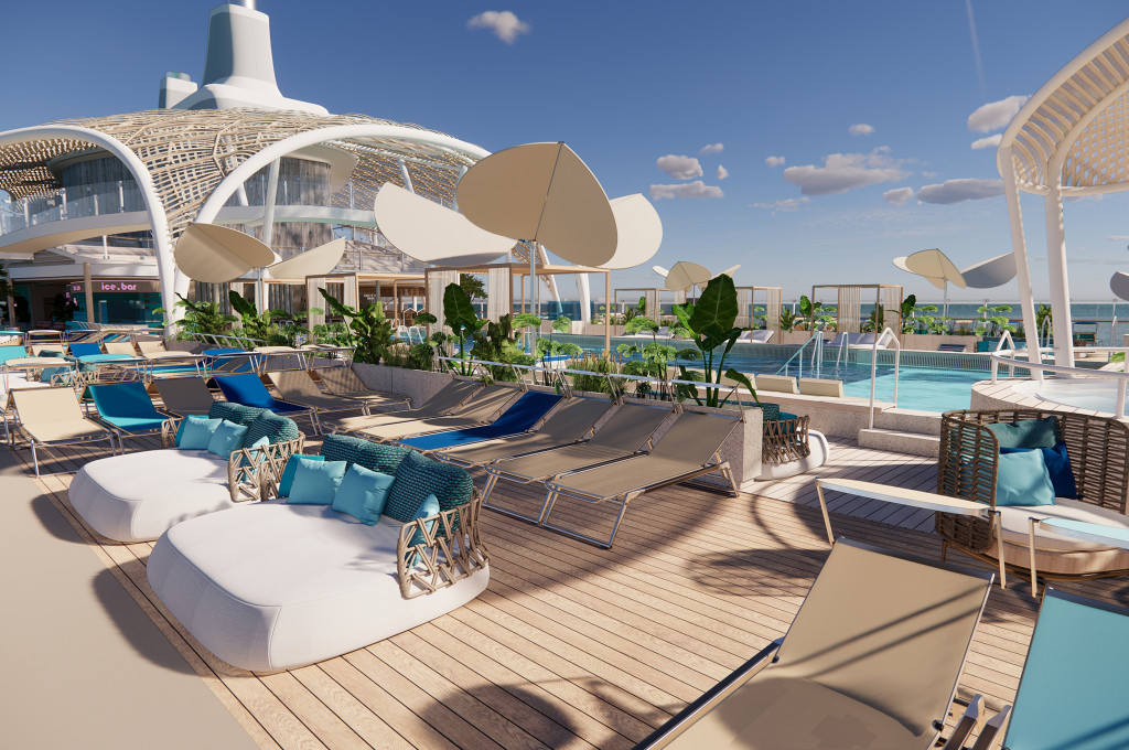 Pooldeck mit gemütlichen Liegeinseln, Sonnenschirmen und dekorativer Beschattung über dem Bereich.