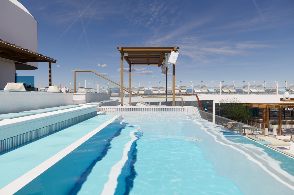 Infinity Pool mit umlaufendem Liegenrand, Pergola und Reihen aus Liegestühlen auf dem Oberdeck.