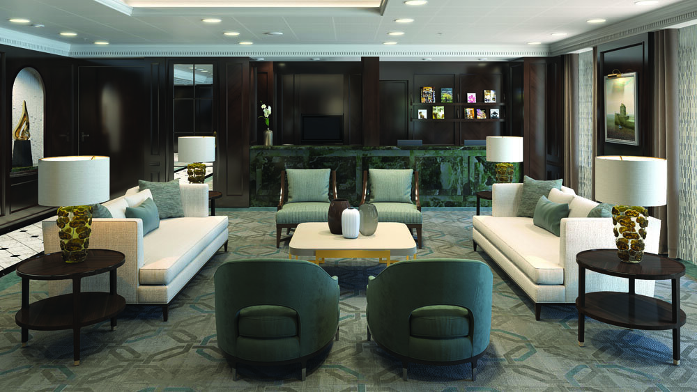 Elegante Lounge mit weißen Sofas, grünen Samtsesseln, dunkler Holzvertäfelung und geometrischem Teppich