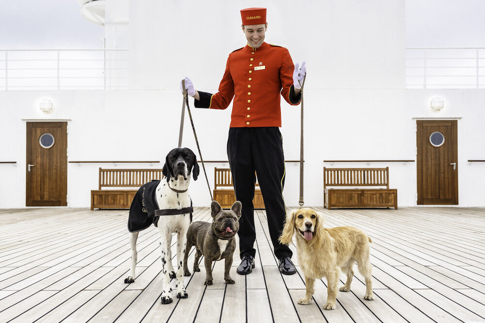Cunard-Bordmitarbeiter in roter Uniform mit drei Hunden auf dem Deck der Queen Mary 2 vor Kabinentüren mit Bullaugen