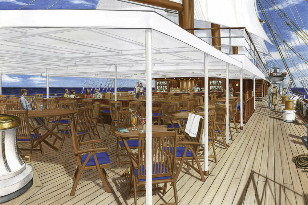 Illustration des offenen Lido-Decks eines Segelschiffes mit Holzklappstühlen, Bar und gesetzten Segeln