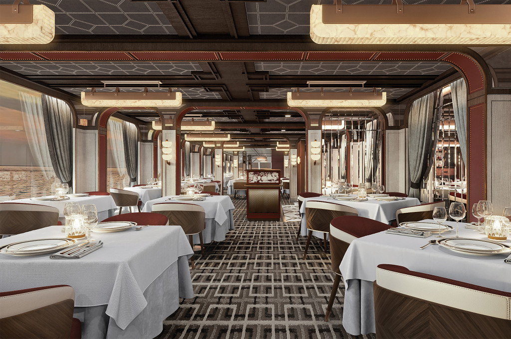 Elegantes Spezialitätenrestaurant Prime 7 mit gedeckten Tischen, weinroten Polsterstühlen und großen Panoramafenstern an Bord der Seven Seas Grandeur.
