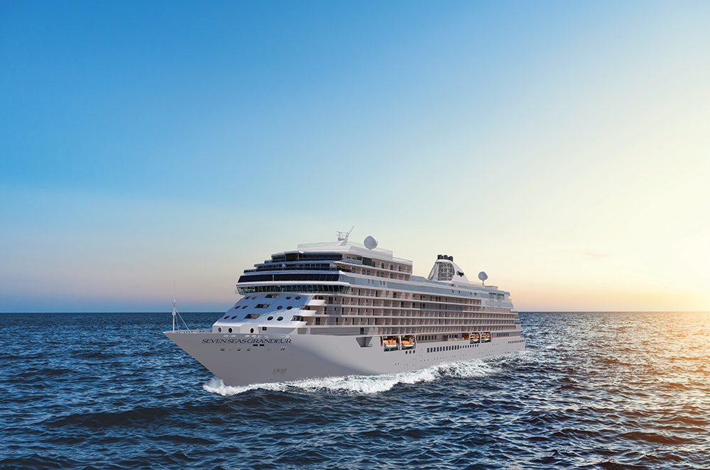 Rendering der Seven Seas Grandeur auf hoher See bei Sonnenuntergang