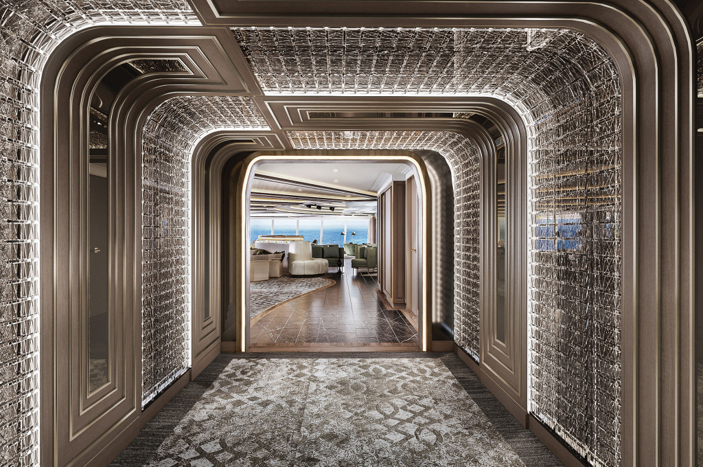Beleuchteter Korridor mit funkelnden Glasmosaikwänden führt zur Observation Lounge mit Meerblick an Bord der Seven Seas Grandeur.