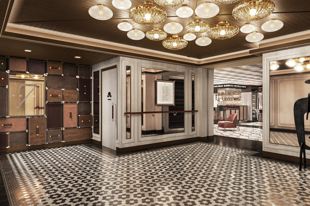 Eleganter Eingangsbereich des Spezialitätenrestaurants Prime 7 mit Mosaikboden, Kronleuchtern und kunstvoller Lederwand an Bord der Seven Seas Grandeur.