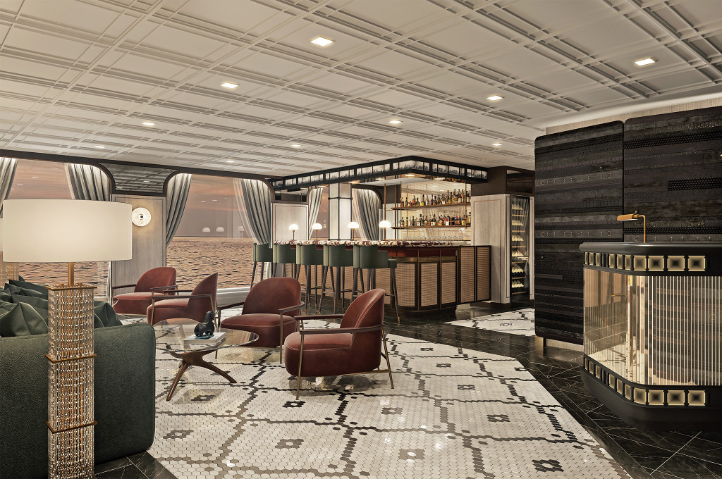 Stilvolle Lounge mit gemütlichen Sesseln, eleganter Bar und Panoramafenstern mit Meerblick an Bord der Seven Seas Grandeur.