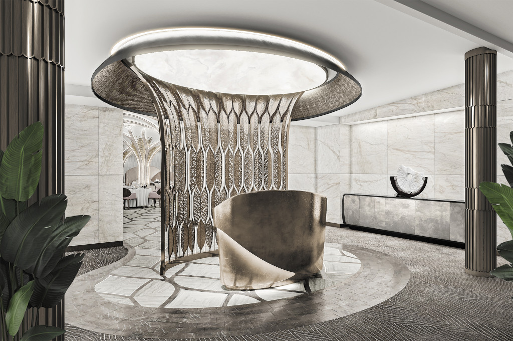 Eleganter Empfangsbereich des Hauptrestaurants Compass Rose mit Marmorwänden und stilvollem Designsessel an Bord der Seven Seas Grandeur.