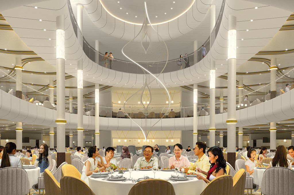 Elegantes Hauptrestaurant mit großem Speisebereich auf Hochseeschiff