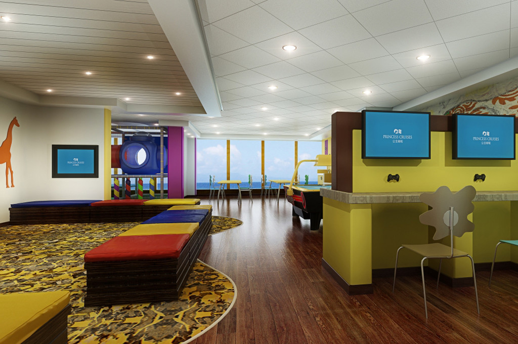 Youth Center mit farbenfrohen Spielbereichen, Spielkonsolen und modernem Design auf der Majestic Princess.
