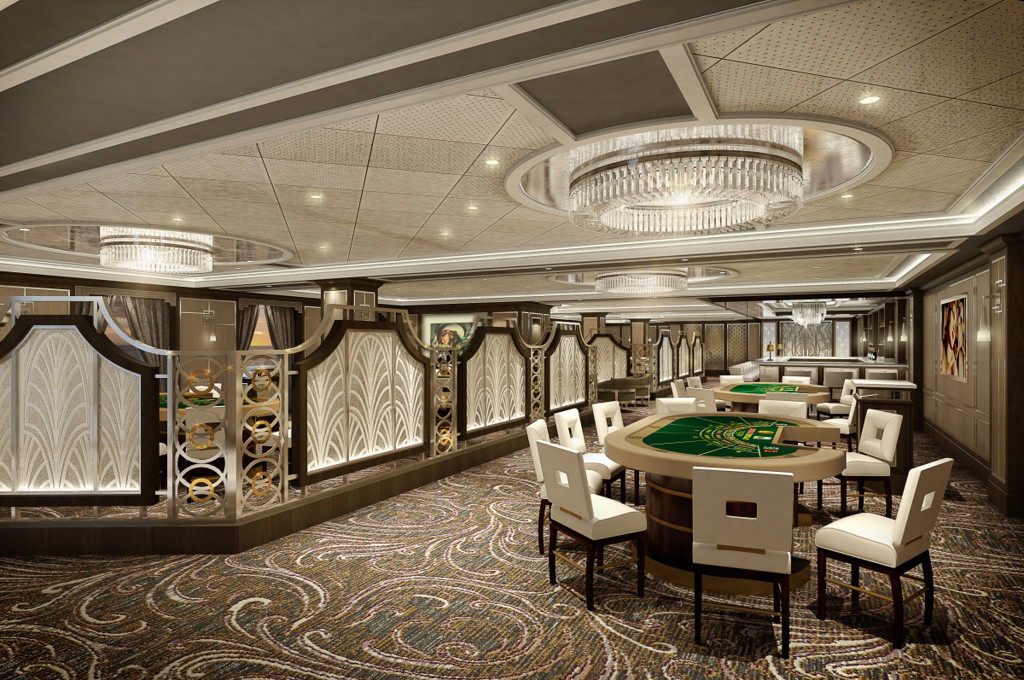 Casino mit Pokertischen, eleganter Dekoration und goldenem Design auf der Majestic Princess.