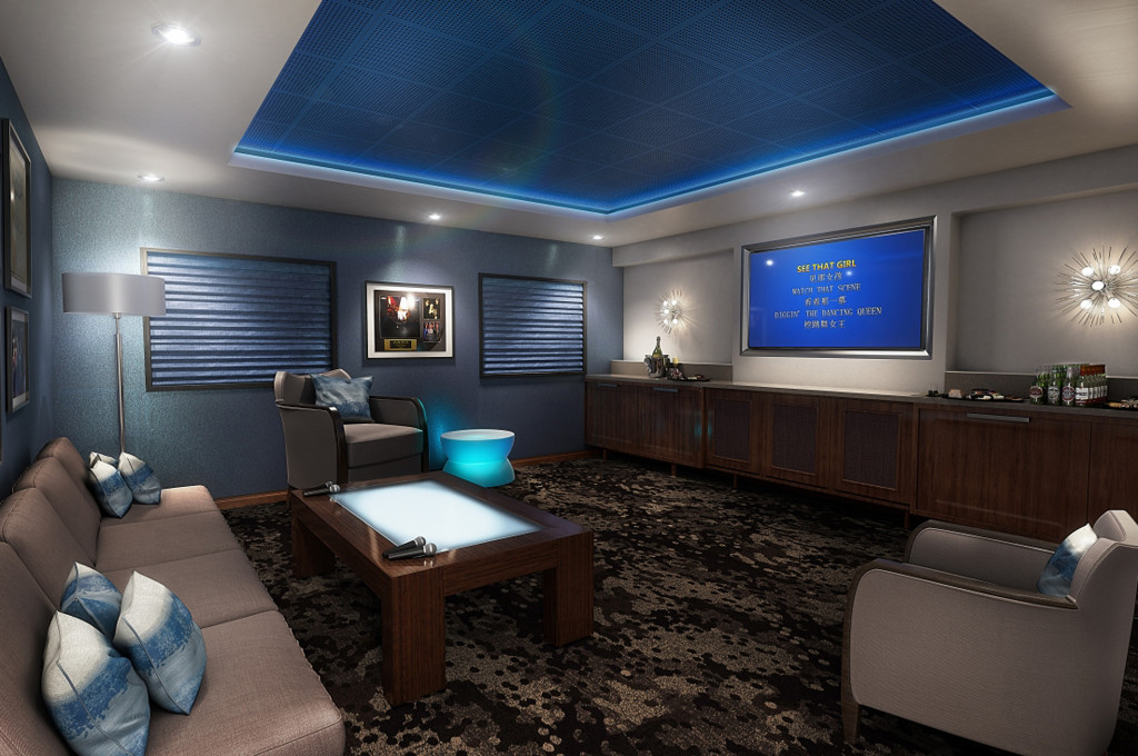 Karaoke Suite mit moderner Ausstattung, Bildschirm und gemütlichen Sitzbereichen auf der Majestic Princess.