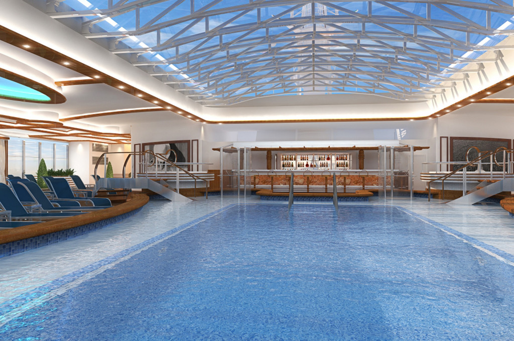 Moderner Swimmingpool mit Glasdachfenster, Liegestühlen und Bar auf der Majestic Princess.