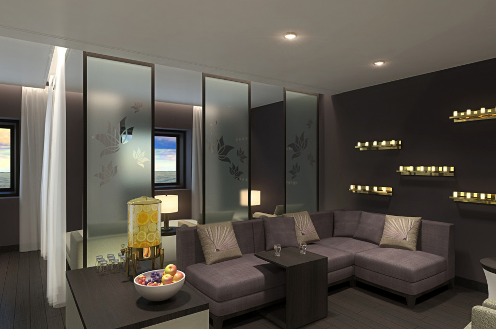 Spa Lounge mit Entspannungsbereich, Sitzecke und modernem Design auf der Majestic Princess.
