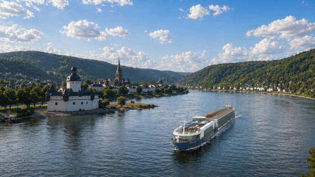 Flusskreuzfahrtschiff Thurgau Avanti von Thurgau Travel auf einer Rheinkreuzfahrt passiert die mittelalterliche Zollburg Pfalzgrafenstein bei Kaub im romantischen Mittelrheintal unter blauem Sommerhimmel